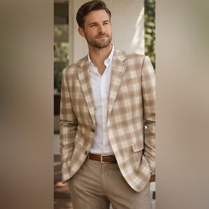 Isaia Napoli Men's Tan Plaid Sport Coat 52R Cotton Silk Italian Luxury Blazer